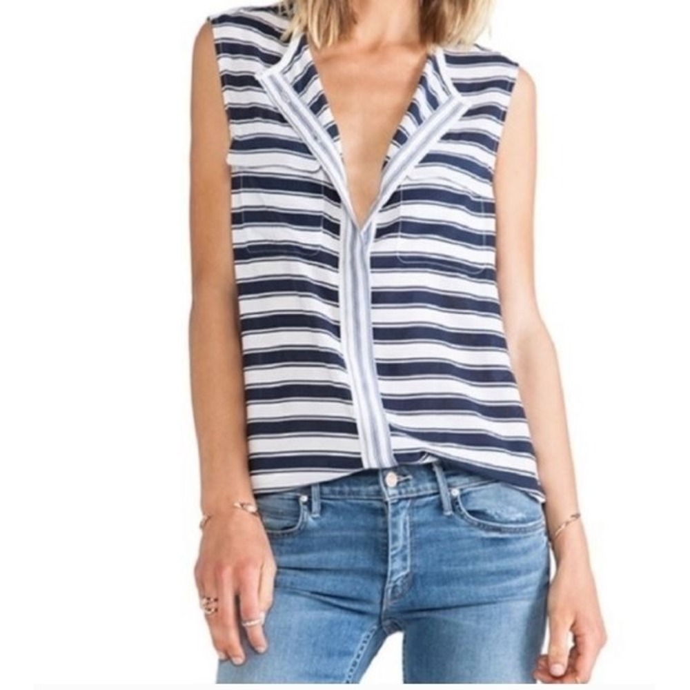 EQUIPMENT Lynn Sleeveless Silk Striped Blouse Hidden Button Front Navy‎ White L
